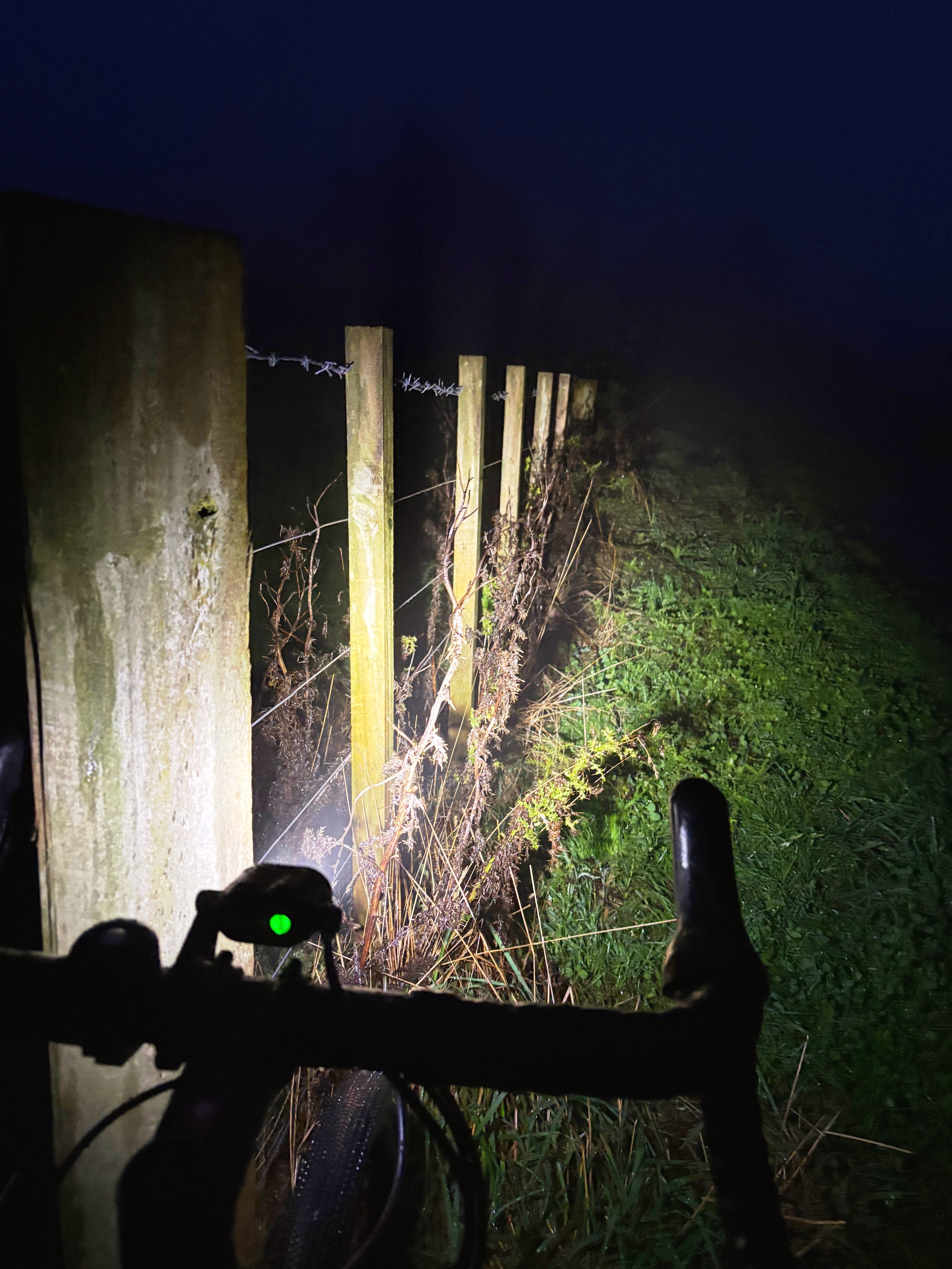 The view from the saddle of a bicycle of a barbed wire fence and a patch of green grass, lit by a light attached to the handlebars and with darkness all around.